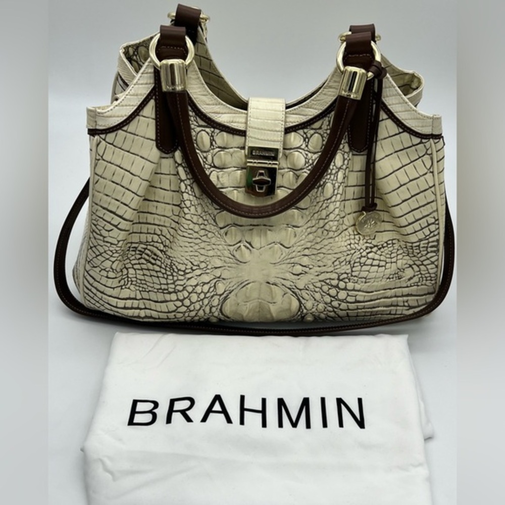 Brahmin Elisa Leather Satchel Shoulder Bag Beige Caracara Purse NEW with Dustbag